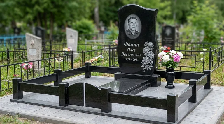 Памятник с гравировкой пионов — выполненная работа «Фомин» в Южно-Сахалинске
