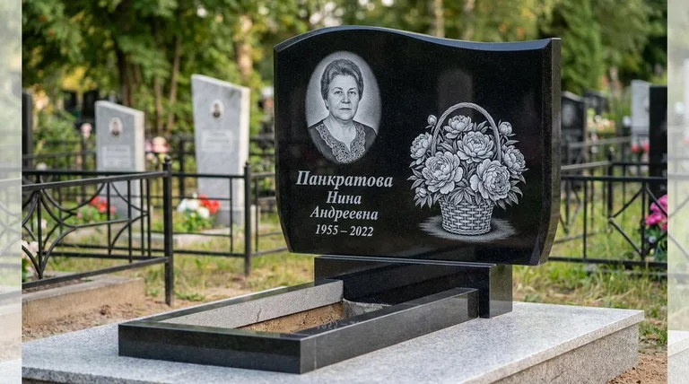 Памятник с гравировкой пионов — выполненная работа «Панкратова» в Южно-Сахалинске