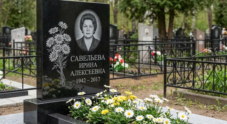 Памятник с гравировкой ромашек — выполненная работа «Савельева» в Южно-Сахалинске
