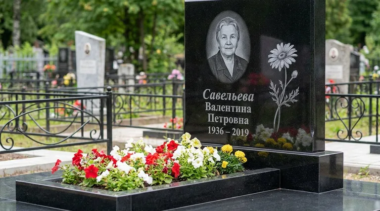 Памятник с гравировкой ромашек — выполненная работа «Савельева» в Южно-Сахалинске