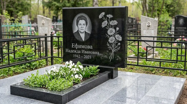 Памятник с гравировкой ромашек — выполненная работа «Ефимова» в Южно-Сахалинске