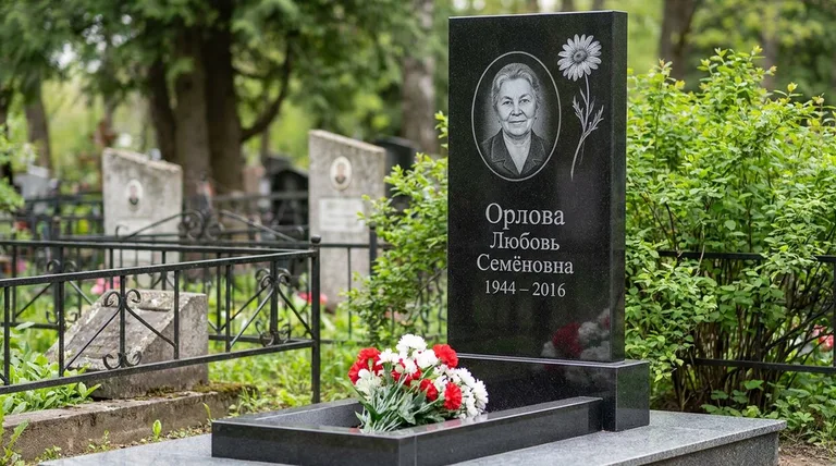Памятник с гравировкой ромашек — выполненная работа «Орлова» в Южно-Сахалинске