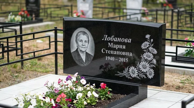 Памятник с гравировкой ромашек — выполненная работа «Лобанова» в Южно-Сахалинске
