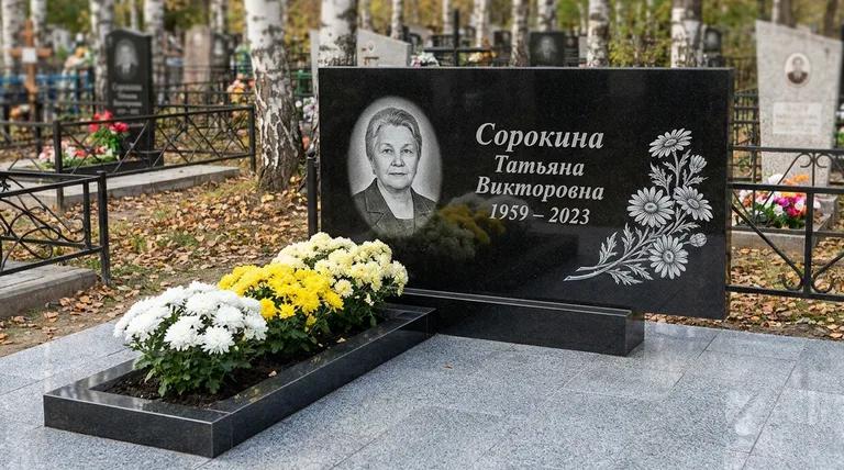 Памятник с гравировкой ромашек — выполненная работа «Сорокина» в Южно-Сахалинске