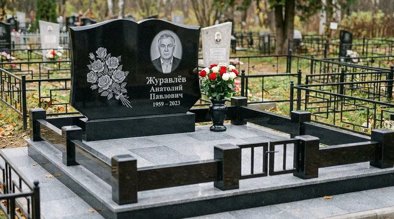 Памятник с гравировкой роз — выполненная работа «Журавлёв» в Южно-Сахалинске