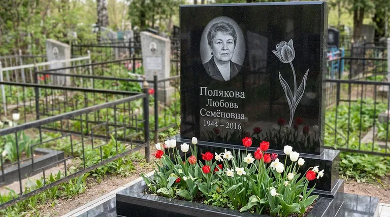 Памятник с гравировкой тюльпанов — выполненная работа «Полякова» в Южно-Сахалинске