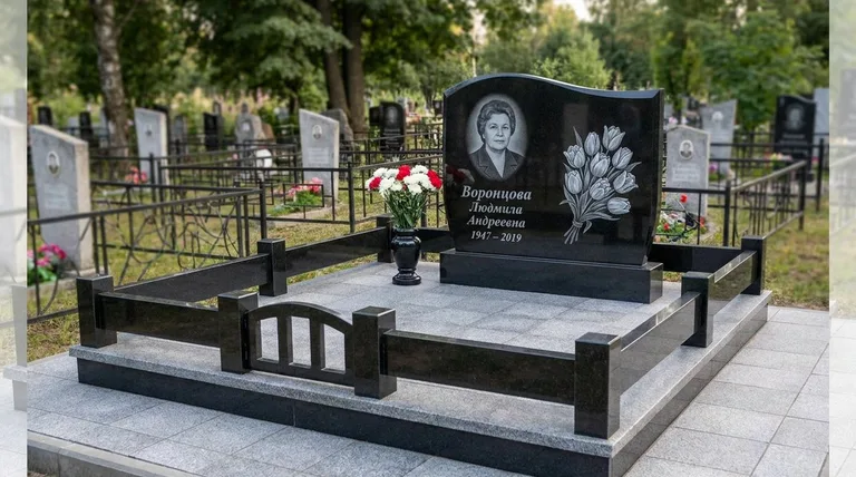 Памятник с гравировкой тюльпанов — выполненная работа «Воронцова» в Южно-Сахалинске