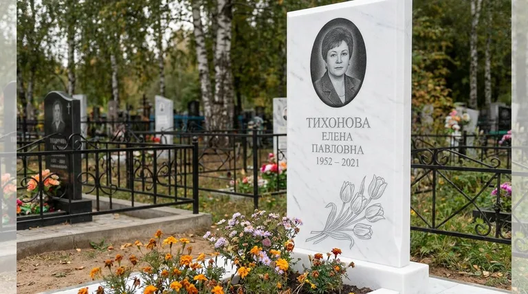 Памятник с гравировкой тюльпанов — выполненная работа «Тихонова» в Южно-Сахалинске