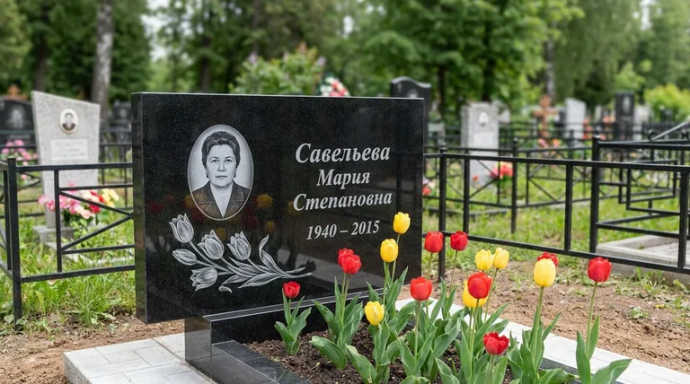 Памятник с гравировкой тюльпанов — выполненная работа «Савельева» в Южно-Сахалинске