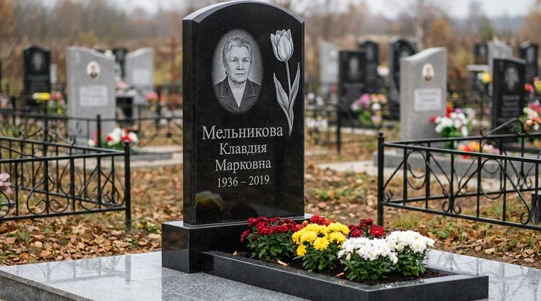 Памятник с гравировкой тюльпанов — выполненная работа «Мельникова» в Южно-Сахалинске