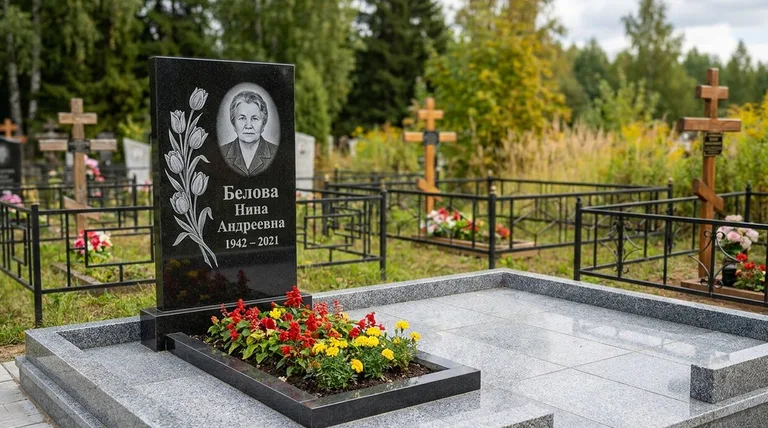 Памятник с гравировкой тюльпанов — выполненная работа «Белова» в Южно-Сахалинске