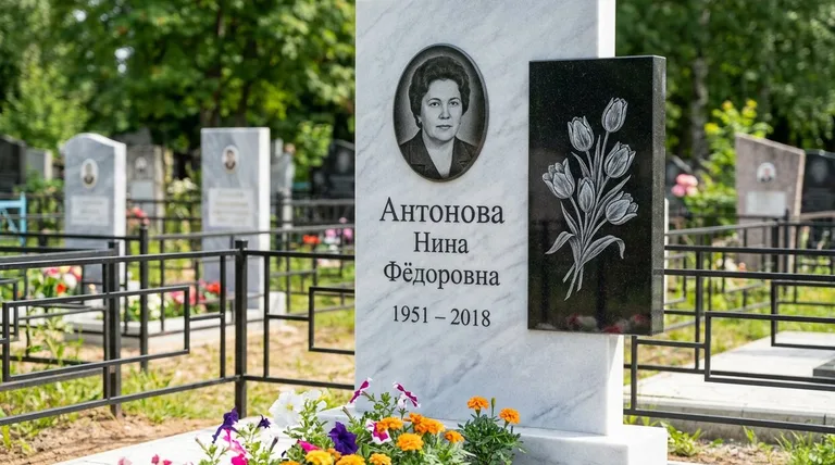 Памятник с гравировкой тюльпанов — выполненная работа «Антонова» в Южно-Сахалинске
