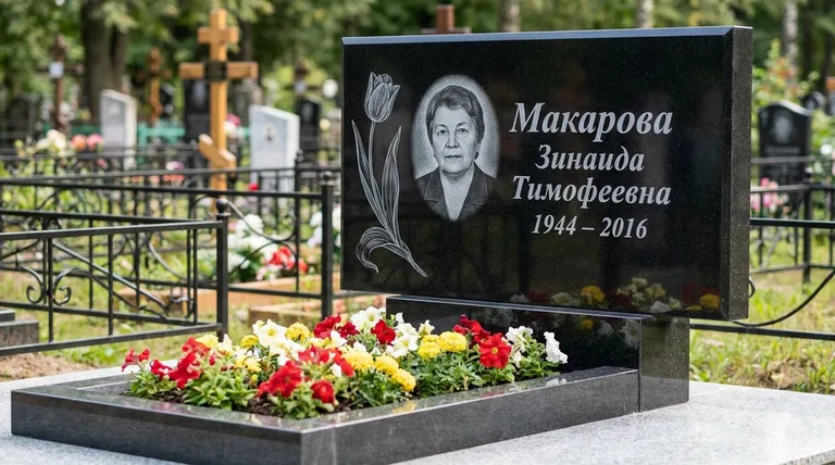 Памятник с гравировкой тюльпанов — выполненная работа «Макарова» в Южно-Сахалинске