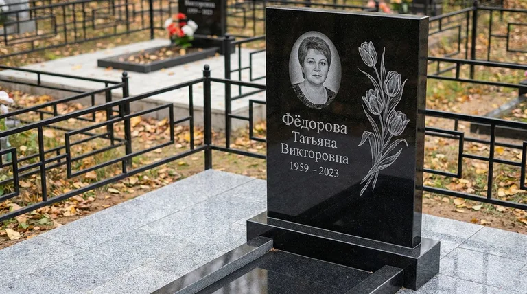 Памятник с гравировкой тюльпанов — выполненная работа «Фёдорова» в Южно-Сахалинске