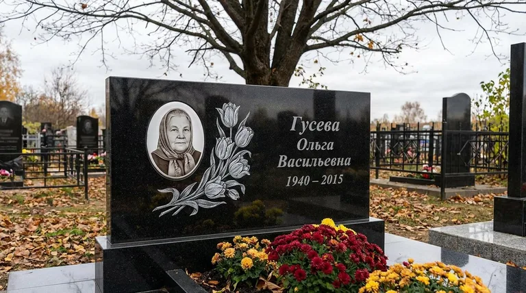 Памятник с гравировкой тюльпанов — выполненная работа «Гусева» в Южно-Сахалинске