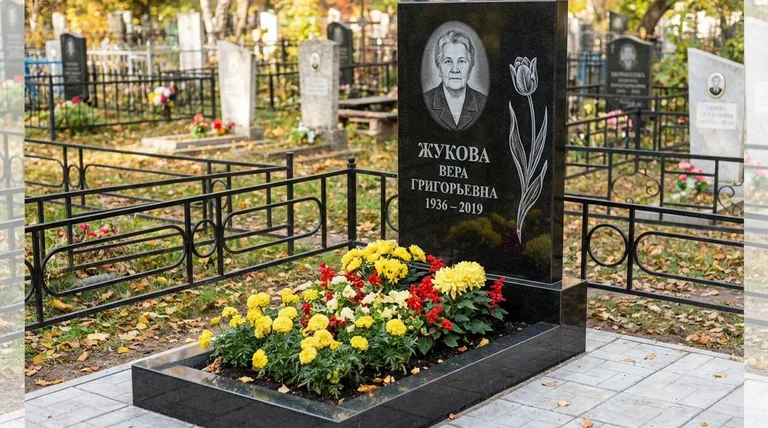 Памятник с гравировкой тюльпанов — выполненная работа «Жукова» в Южно-Сахалинске