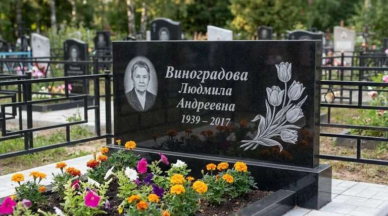 Памятник с гравировкой тюльпанов — выполненная работа «Виноградова» в Южно-Сахалинске