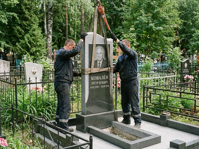 Демонтаж памятника на кладбище в Южно-Сахалинске — бригада аккуратно снимает старый гранитный памятник с могилы