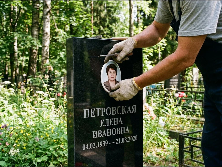 Фото на керамике на памятник в Южно-Сахалинске — мастер устанавливает овальный керамический портрет на гранитный памятник