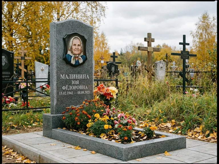 Чёрно-белый керамический портрет на памятнике в Южно-Сахалинске