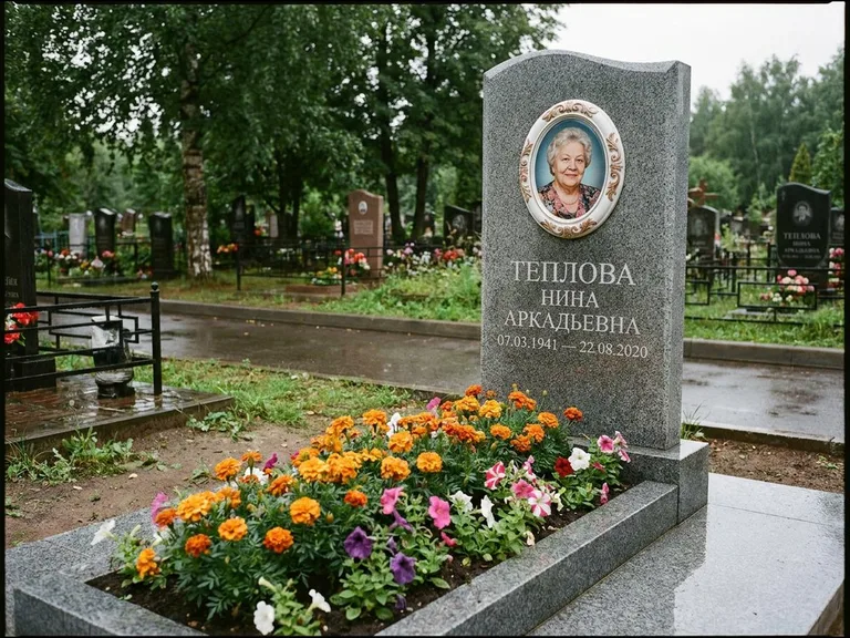 Керамический портрет на памятнике с цветами в Южно-Сахалинске