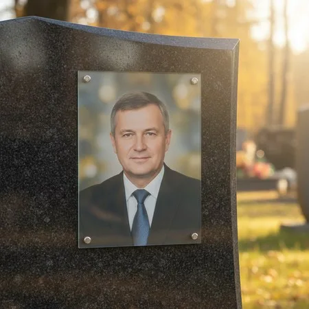 Портрет на стекле на держателях на чёрном граните в Южно-Сахалинске