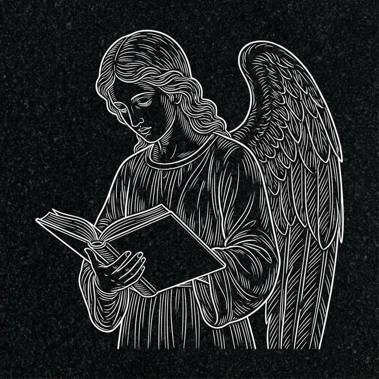 Эскиз гравировки ангела на памятник — ангел с раскрытой книгой в Южно-Сахалинске