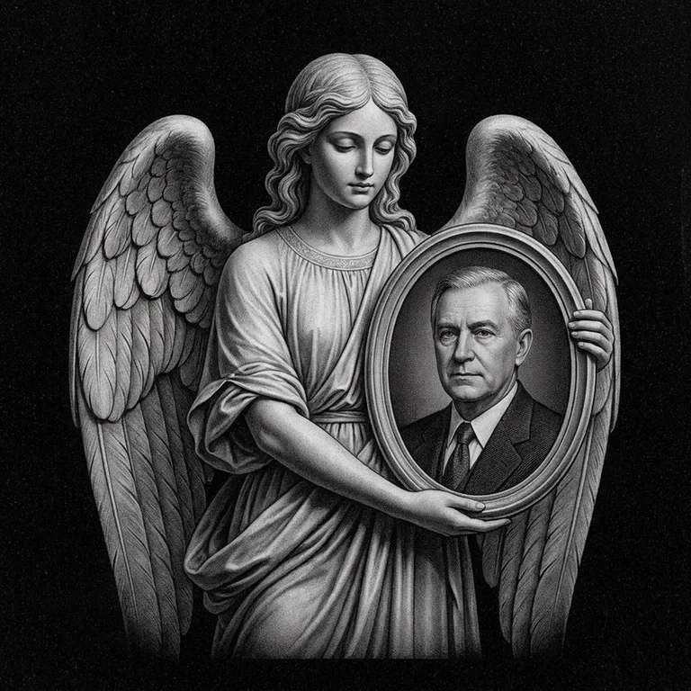 Эскиз гравировки ангела на памятник — объёмный ангел с портретом в Южно-Сахалинске