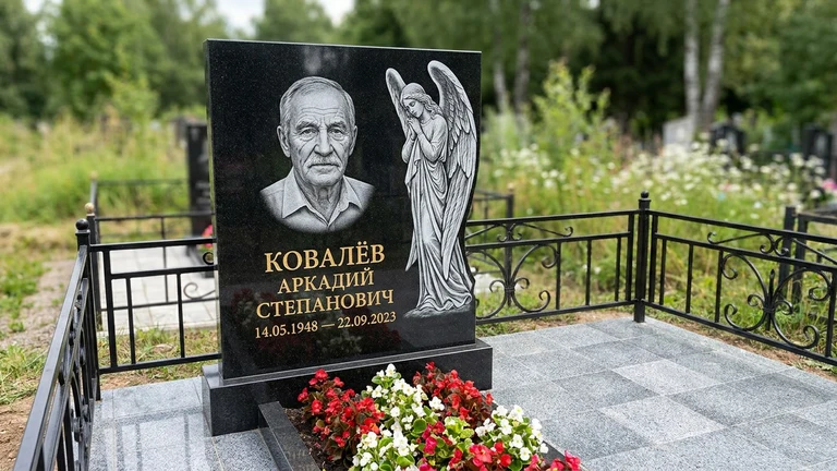 Гравировка ангела на памятник в Южно-Сахалинске — памятник из чёрного гранита с гравировкой