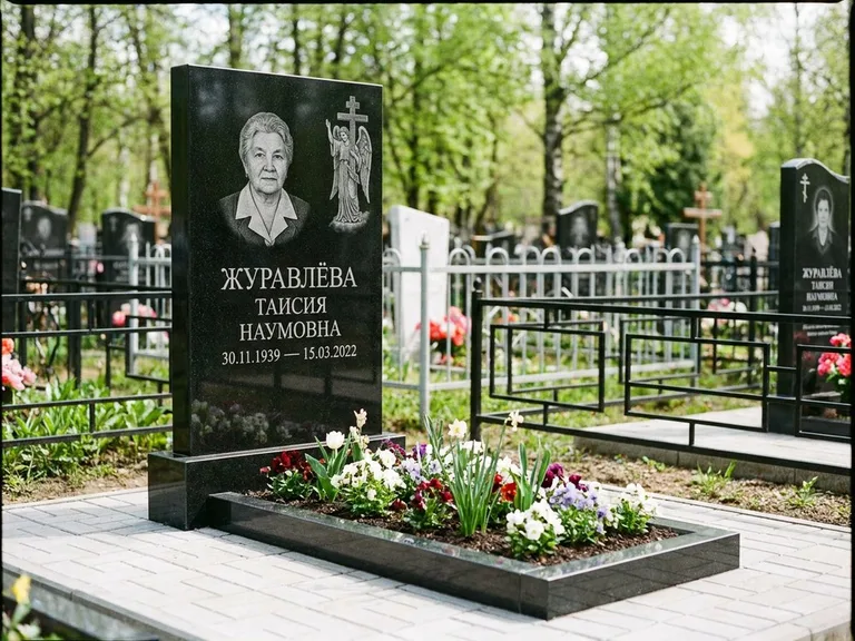 Памятник с гравировкой ангела — гравировка ангела с голубем по диагонали стелы, работа «Журавлёва» в Южно-Сахалинске