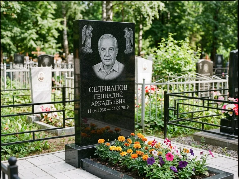 Памятник с гравировкой ангела — гравировка двух ангелов по сторонам портрета, работа «Селиванов» в Южно-Сахалинске