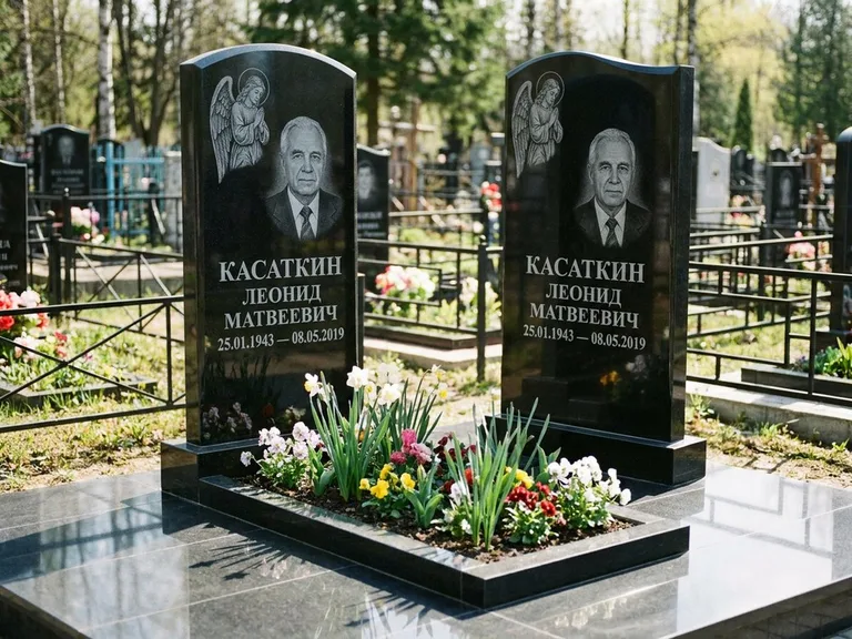 Памятник с гравировкой ангела — гравировка молящегося ангела в верхней части стелы, работа «Касаткин» в Южно-Сахалинске