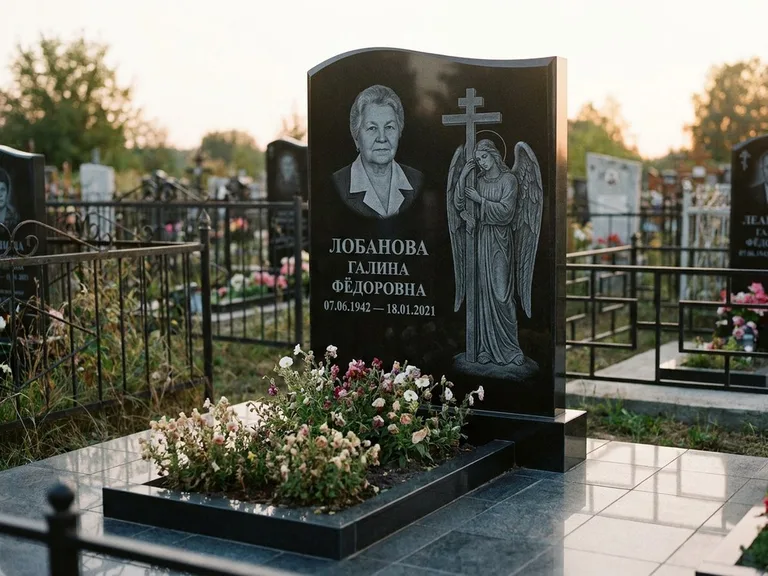 Памятник с гравировкой ангела — гравировка ангела с крестом рядом с эпитафией, работа «Лобанова» в Южно-Сахалинске