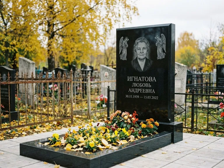 Памятник с гравировкой ангела — гравировка двух ангелов по сторонам портрета, работа «Игнатова» в Южно-Сахалинске