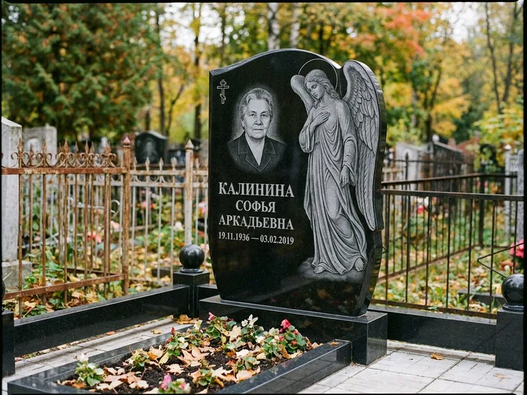 Памятник с гравировкой ангела — гравировка ангела с крестом рядом с эпитафией, работа «Игнатова» в Южно-Сахалинске