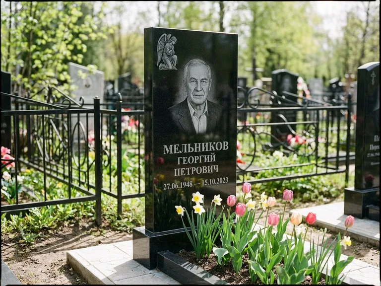 Памятник с гравировкой ангела — гравировка ангела с голубем по диагонали стелы, работа «Доронин» в Южно-Сахалинске