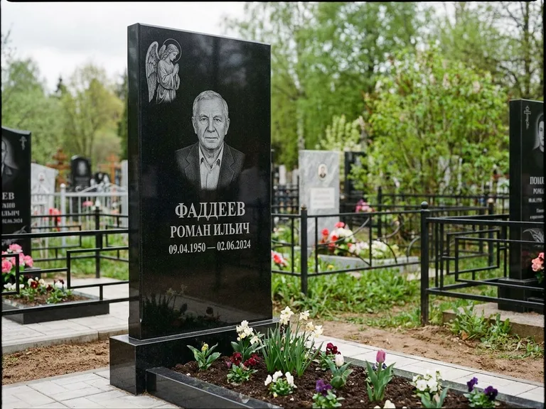 Памятник с гравировкой ангела — гравировка молящегося ангела в верхней части стелы, работа «Фаддеев» в Южно-Сахалинске