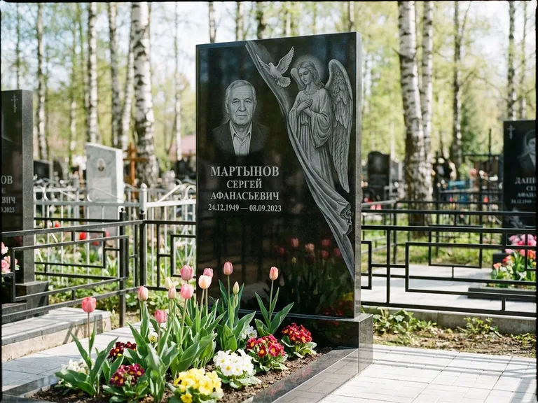 Памятник с гравировкой ангела — гравировка двух ангелов по сторонам портрета, работа «Касаткин» в Южно-Сахалинске