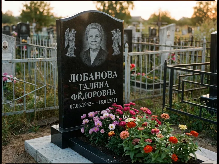 Памятник с гравировкой ангела — гравировка двух ангелов по сторонам портрета, работа «Лобанова» в Южно-Сахалинске