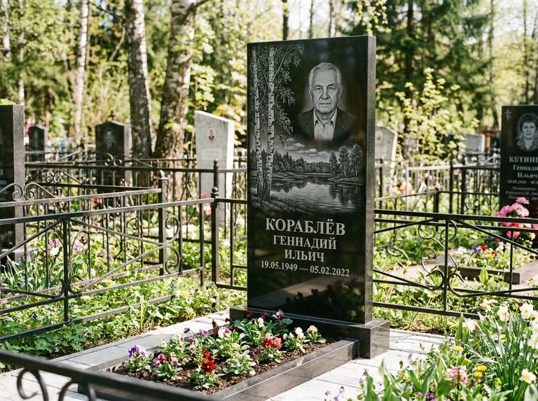 Памятник с гравировкой берёзы — гравировка берёзы у зеркального озера, работа «Кораблёв» в Южно-Сахалинске