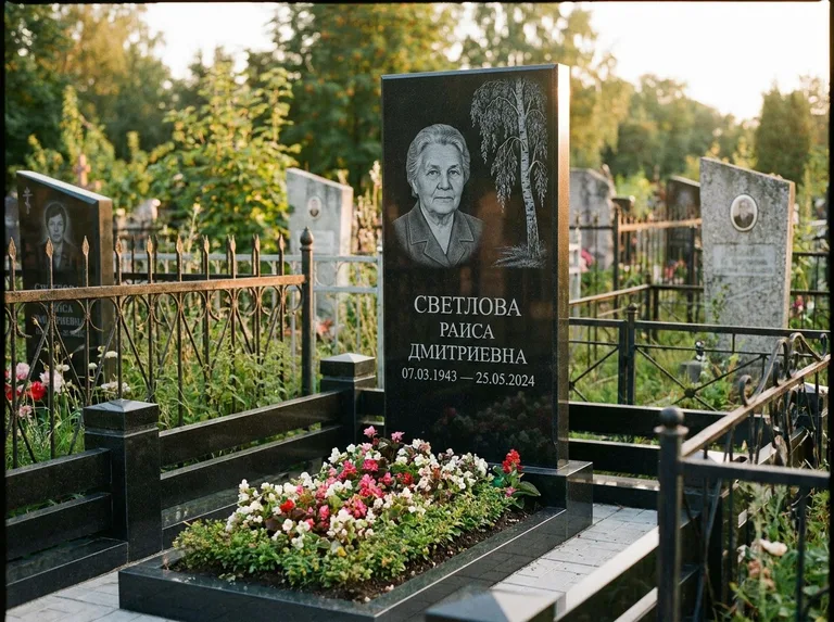 Памятник с гравировкой берёзы — гравировка плакучей берёзы с тонкими ветвями, работа «Светлова» в Южно-Сахалинске