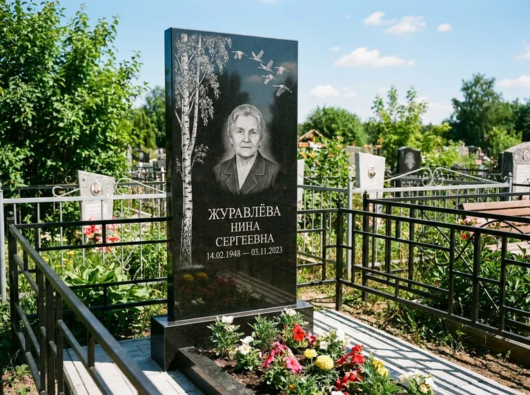 Памятник с гравировкой берёзы — гравировка берёзы с журавлиным клином в небе, работа «Журавлёва» в Южно-Сахалинске