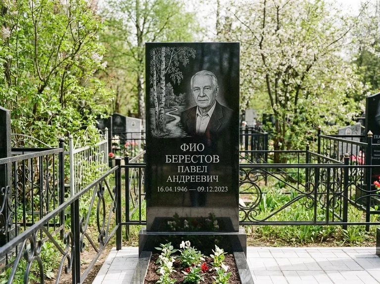 Памятник с гравировкой берёзы — гравировка берёзы у тропинки, уходящей вдаль, работа «Берестов» в Южно-Сахалинске