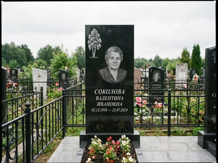 Памятник с гравировкой берёзы — гравировка одинокой берёзы над именем, работа «Соколова» в Южно-Сахалинске