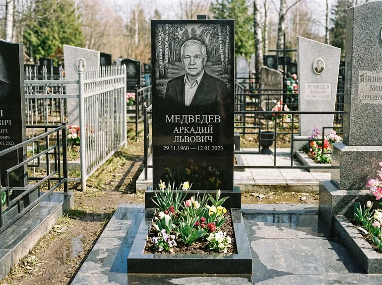 Памятник с гравировкой берёзы — гравировка берёзовой рощи в глубину, работа «Медведев» в Южно-Сахалинске