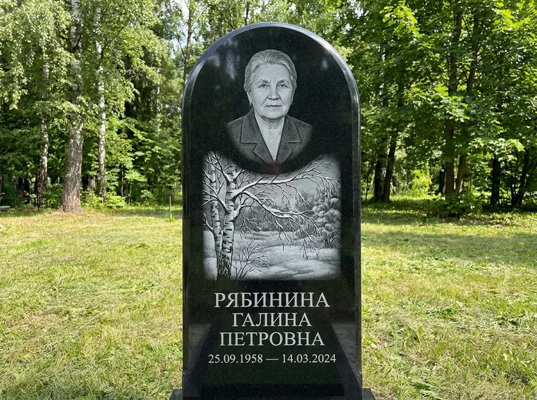 Памятник с гравировкой берёзы: стела с плавным арочным верхом — зимняя берёза, снег на ветвях, газон без ограды, стриженая трава, работа «Рябинина» в Южно-Сахалинске