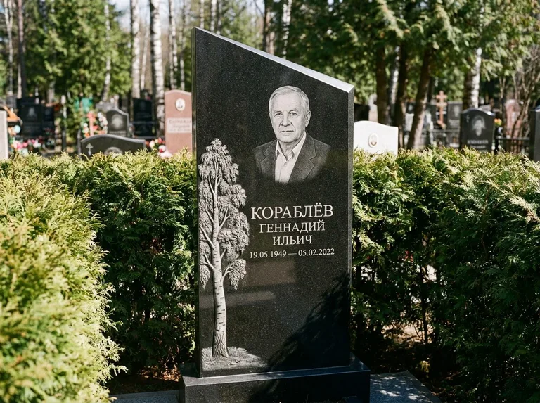 Памятник с гравировкой берёзы: асимметричная скошенная стела — объёмная одинокая берёза с фактурной корой, живая изгородь из туи, работа «Кораблёв» в Южно-Сахалинске