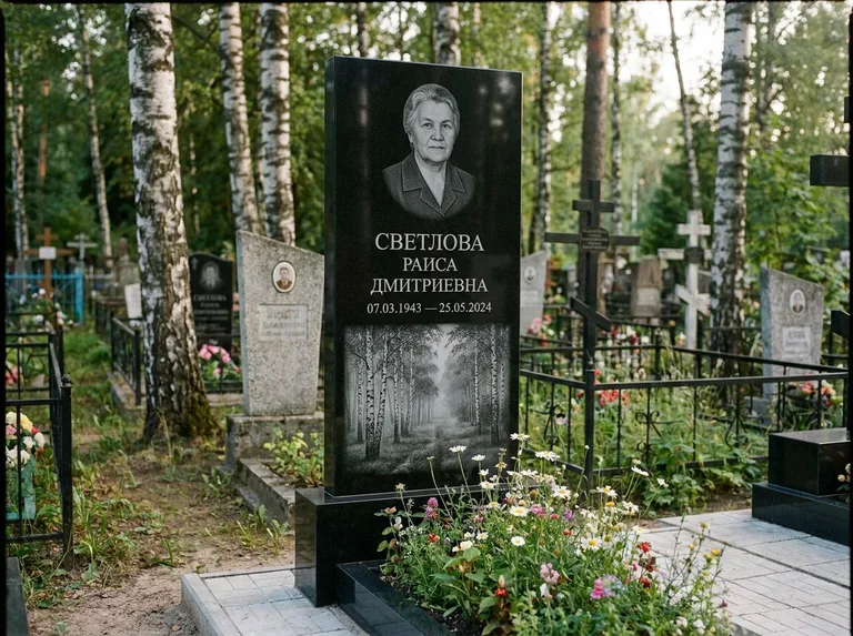 Памятник с гравировкой берёзы: двойная семейная стела — берёзовая роща в лёгкой дымке, цветник с полевыми цветами, работа «Светлова» в Южно-Сахалинске