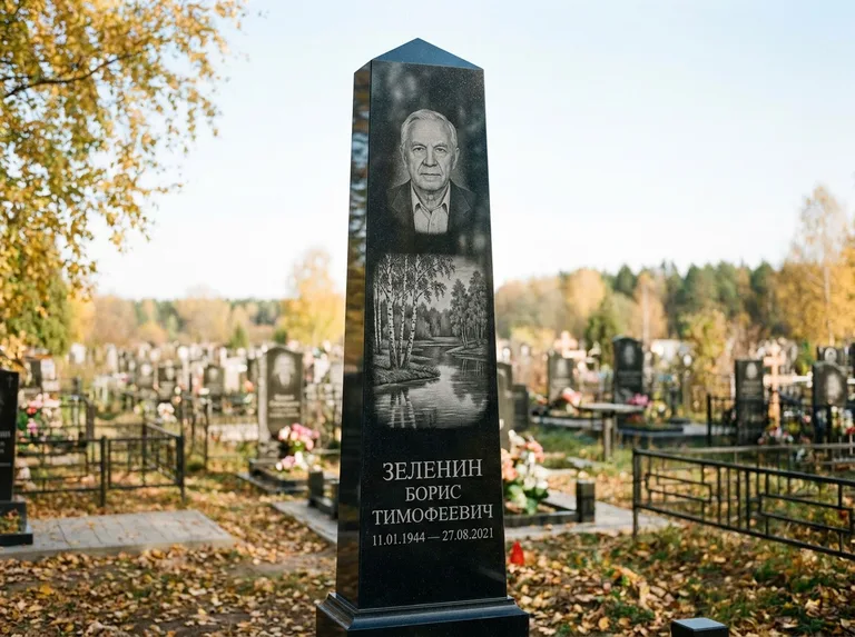 Памятник с гравировкой берёзы: гранёный обелиск-колонна — берёза у воды с отражением, открытый участок, мягкий свет, работа «Зеленин» в Южно-Сахалинске