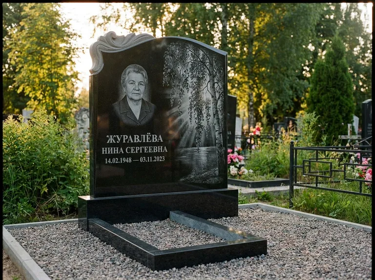 Памятник с гравировкой берёзы: стела с фигурным резным верхом — плакучая берёза в контровом свете, гравийная отсыпка, рассвет, работа «Журавлёва» в Южно-Сахалинске